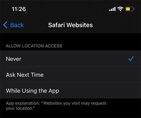 Блокировать доступ к локации Safari