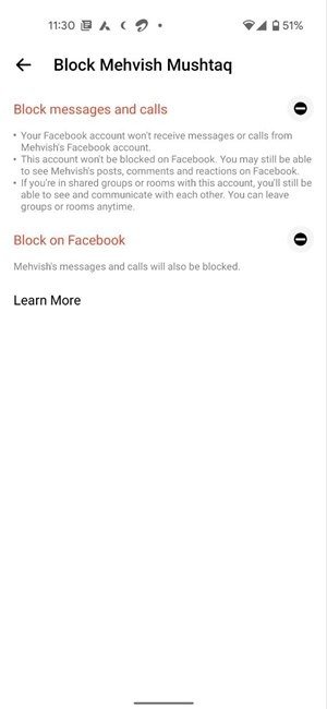 Заблокировать кого-либо в Facebook Messenger