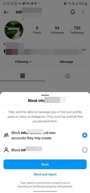 Заблокировать аккаунт в Instagram