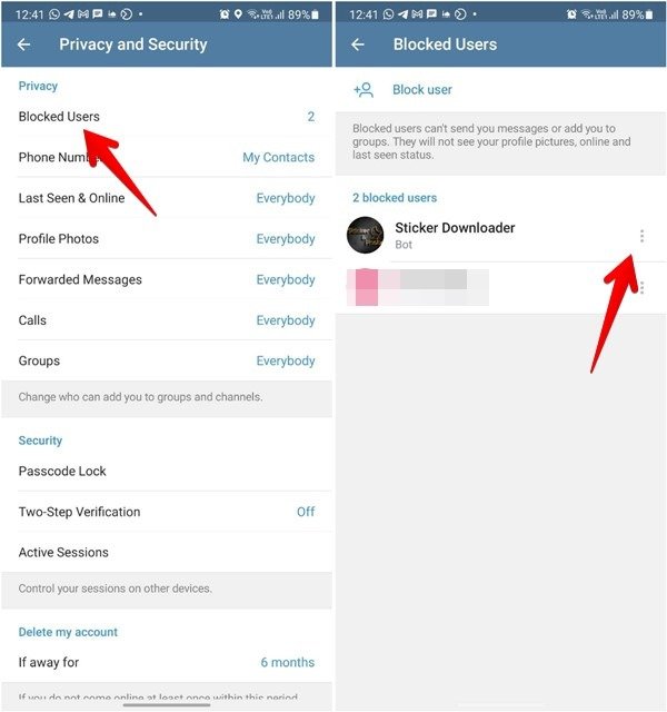 Заблокировать кого-либо Разблокировать Telegram Mobile