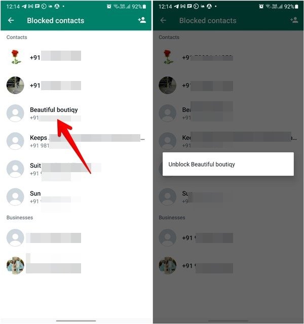 Заблокировать кого-либо Разблокировать мобильный телефон WhatsApp