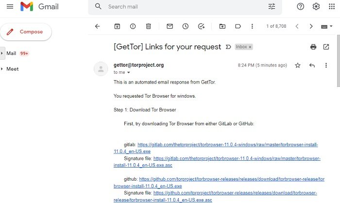 Служба GetTor отправляет ссылки для скачивания Tor на Gmail.