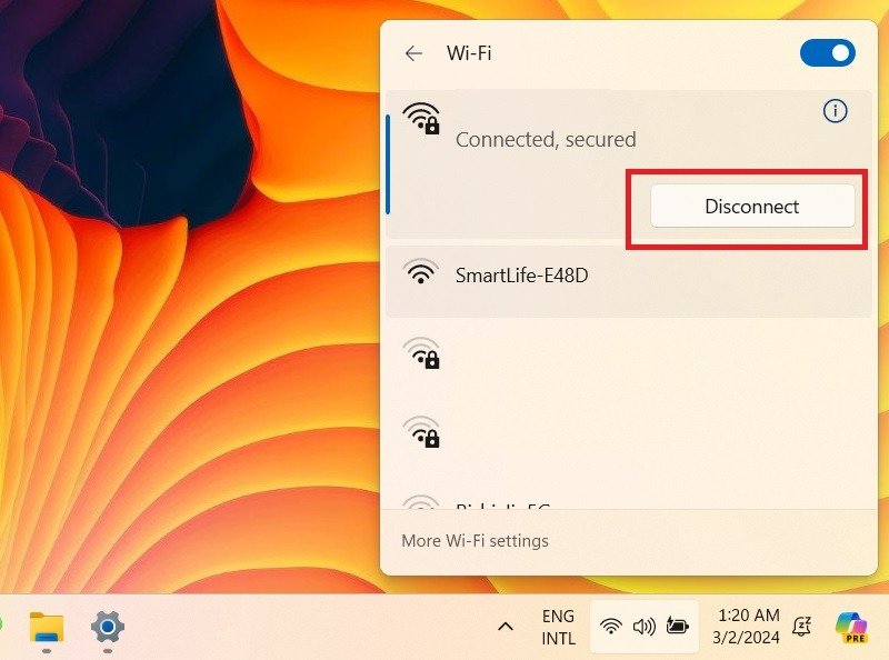 Отключите сеть Wi-Fi от панели задач в Windows 11.