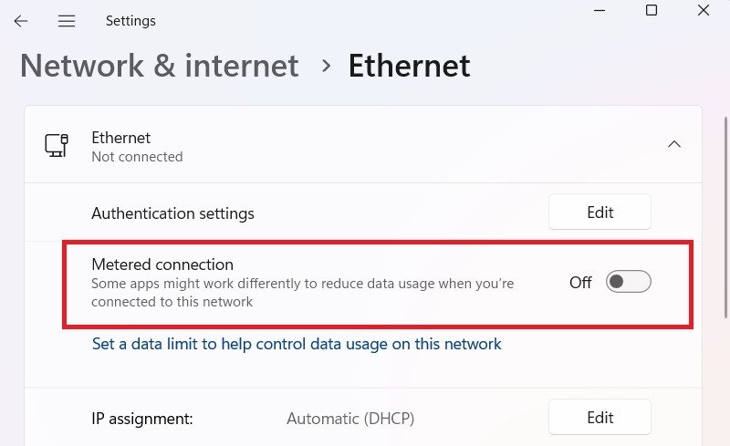 Отключите лимитное соединение для Ethernet в Windows 11.