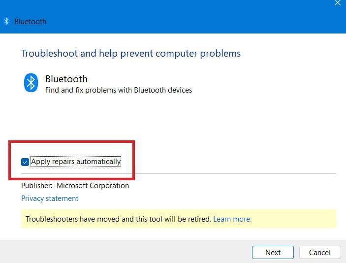 Автоматически применяйте исправления к средству устранения неполадок Bluetooth в Windows.