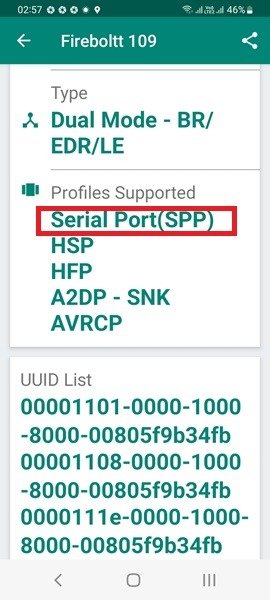 Профиль последовательного порта (SPP), видимый для умных часов Firebolt 109.