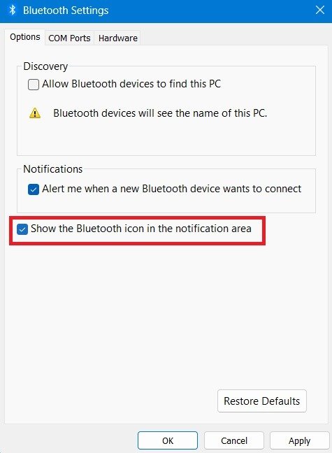 Показывать значок Bluetooth в области уведомлений. Включите сигнал.