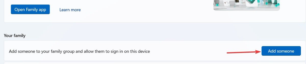 Нажмите кнопку «Добавить кого-то» в разделе «Семья» в настройках Windows.