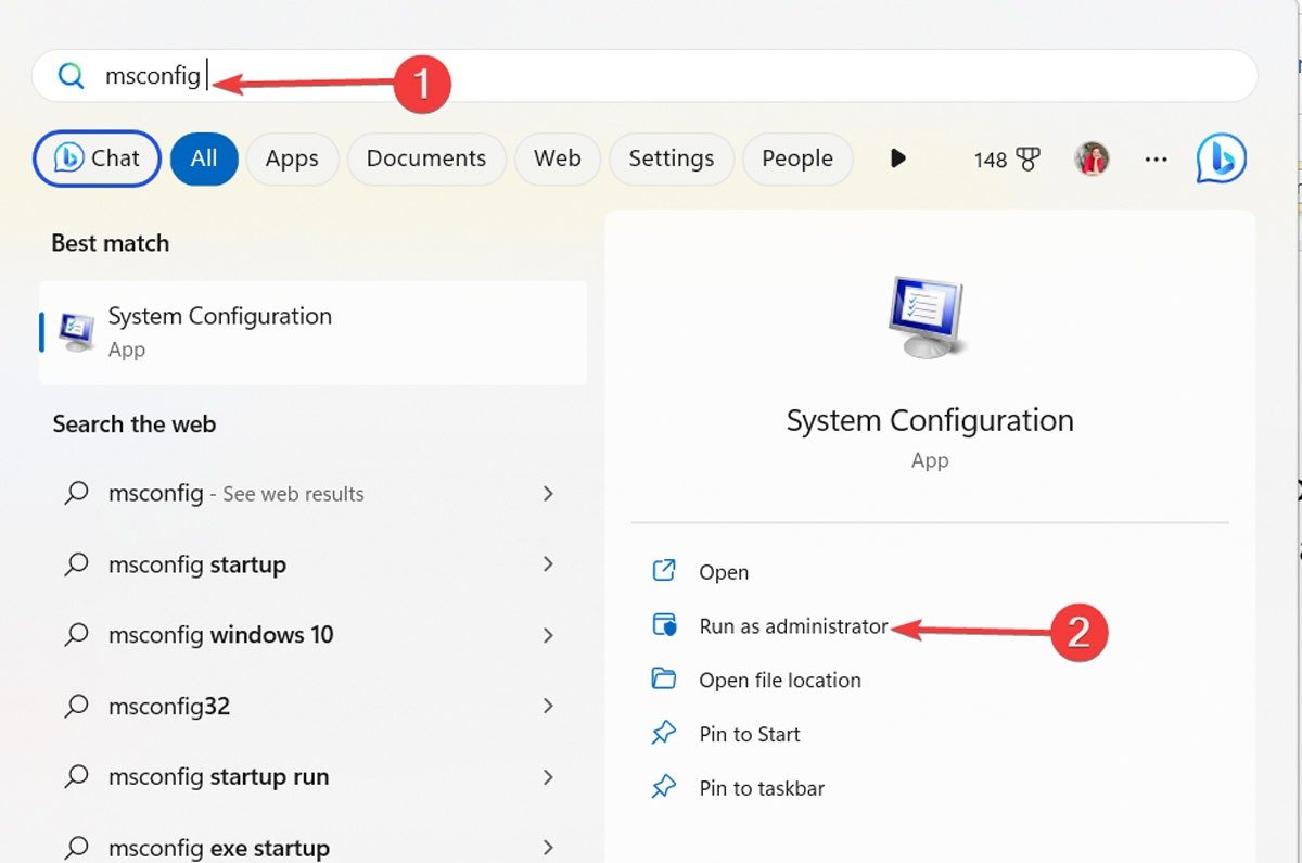 Введите «msconfig» в поиске Windows.