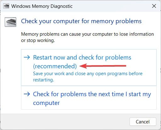 Нажмите «Перезагрузить сейчас и проверить наличие проблем (рекомендуется)» в окне диагностики памяти Windows.
