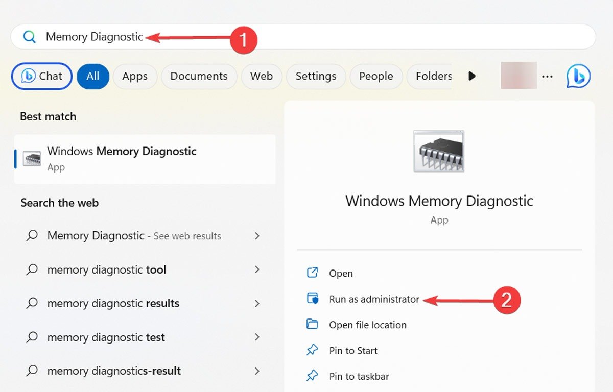 Введите «Диагностика памяти» в инструменте поиска Windows.