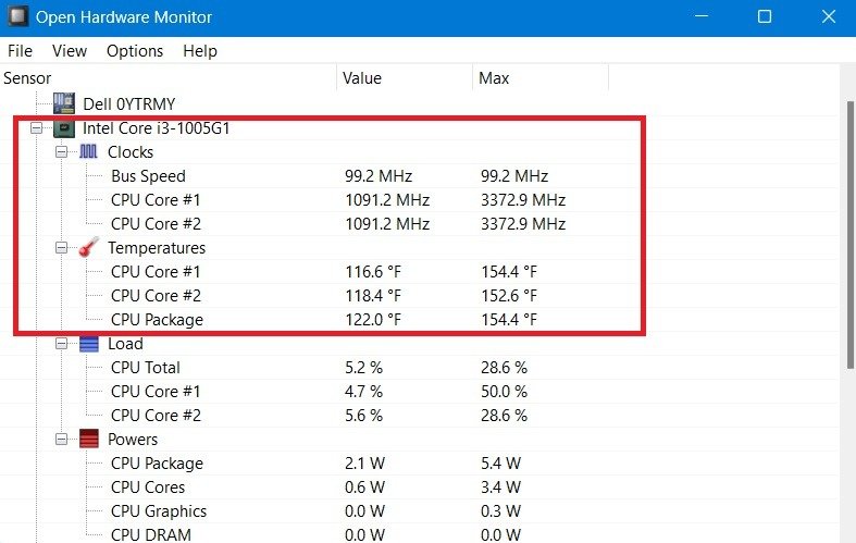 Измерение температуры ядра процессора с помощью Open Hardware Monitor.