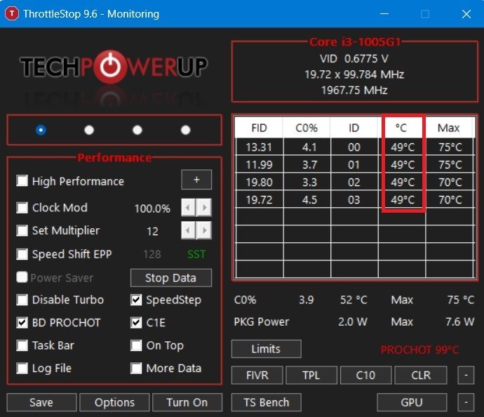 Измерение температуры процессора с помощью приложения ThrottleStop.