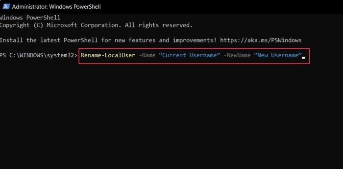 Изменить имя учетной записи Windows Powershell