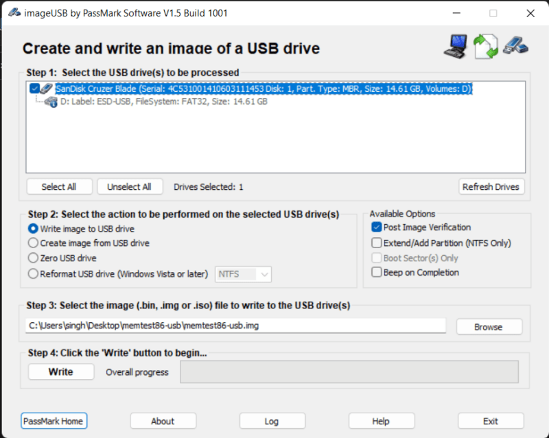 MemTest86 создать скриншот загрузочного USB-накопителя