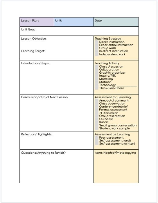 Шаблон плана урока с контрольным списком для Google Docs