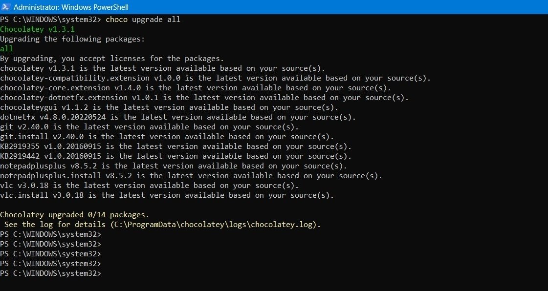 Chocolatey обновляет все пакеты в своем списке с помощью choco update all.