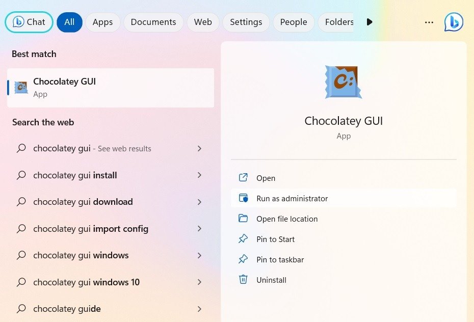 Шоколадный поиск приложений с графическим интерфейсом в окне поиска Windows 11.