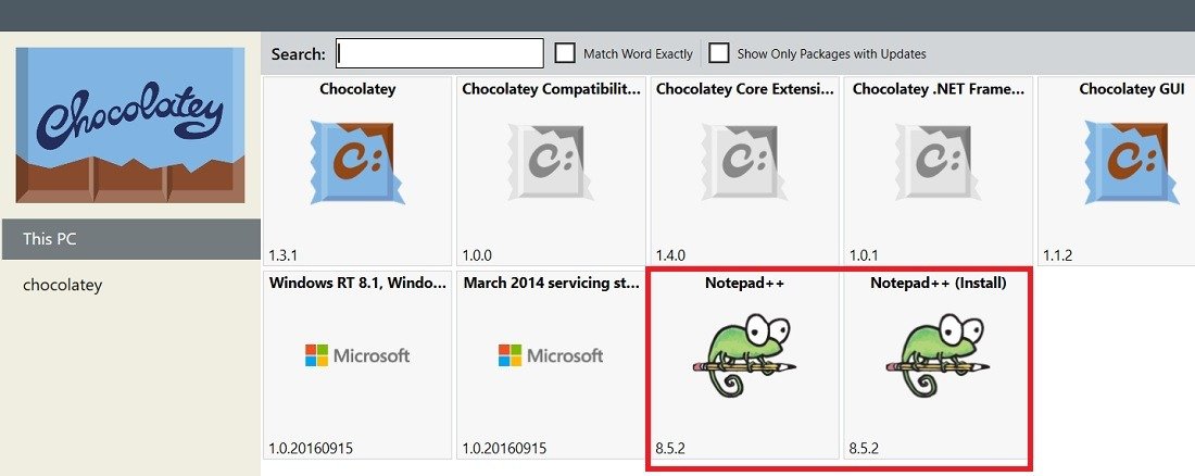 Сторонняя программа устанавливается через графический интерфейс Chocolatey и отображается на главной панели управления.