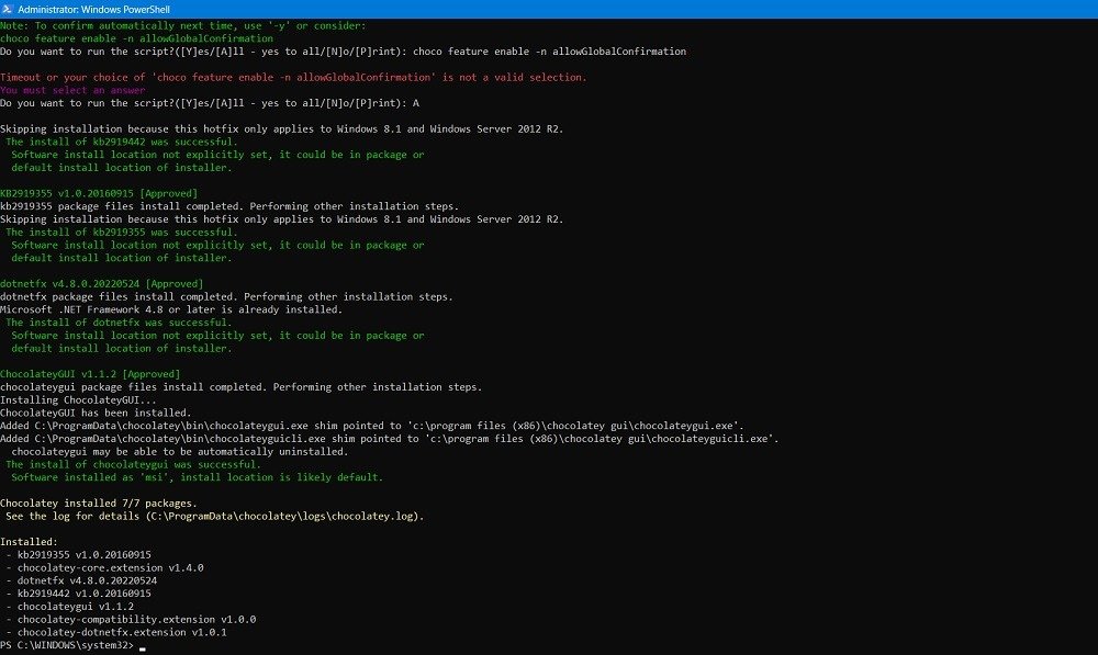 Статус установки шоколадного графического интерфейса подтвержден в окне PowerShell.