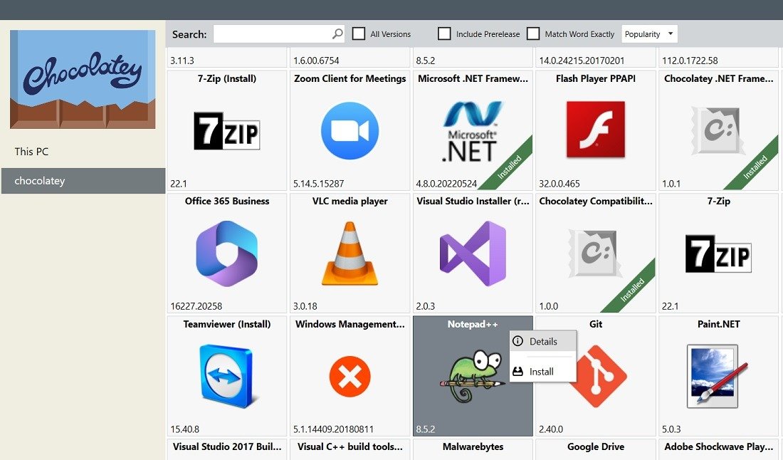 Нажав на программу в графическом интерфейсе Chocolatey, вы увидите варианты установки и просмотра подробностей.