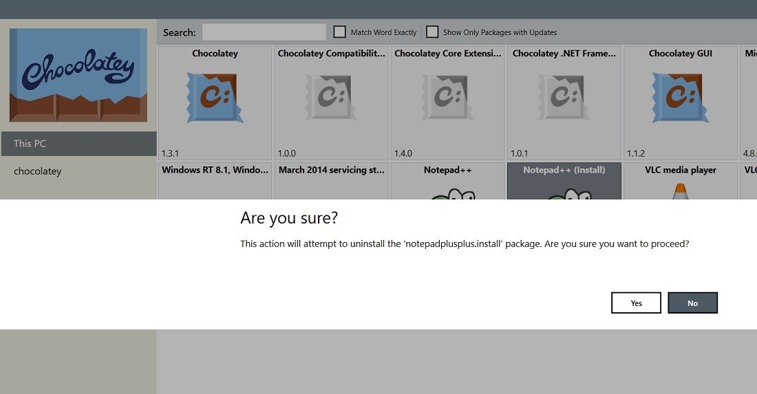 Подтверждаем, уверены ли вы, что удалили какое-либо приложение в Chocolatey GUI.