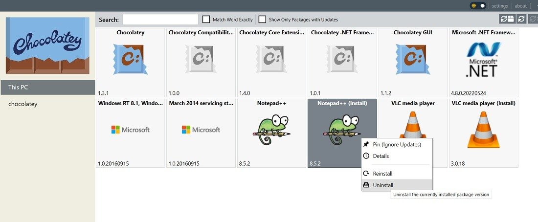 Щелкните правой кнопкой мыши любую установленную программу в графическом интерфейсе Chocolatey, чтобы удалить ее.