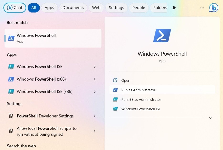 Поиск PowerShell через поиск Windows.