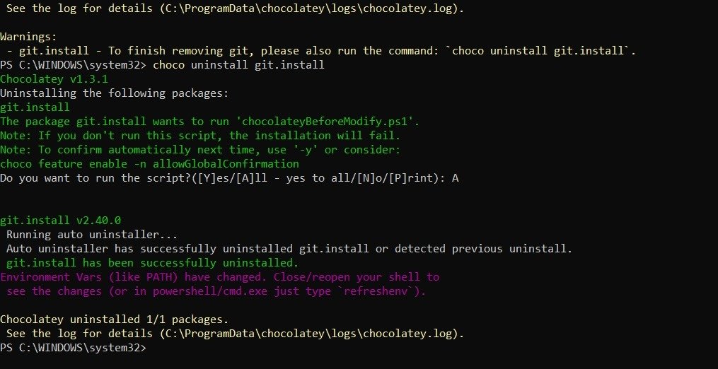 Программа удалена с помощью Chocolatey в окне PowerShell.