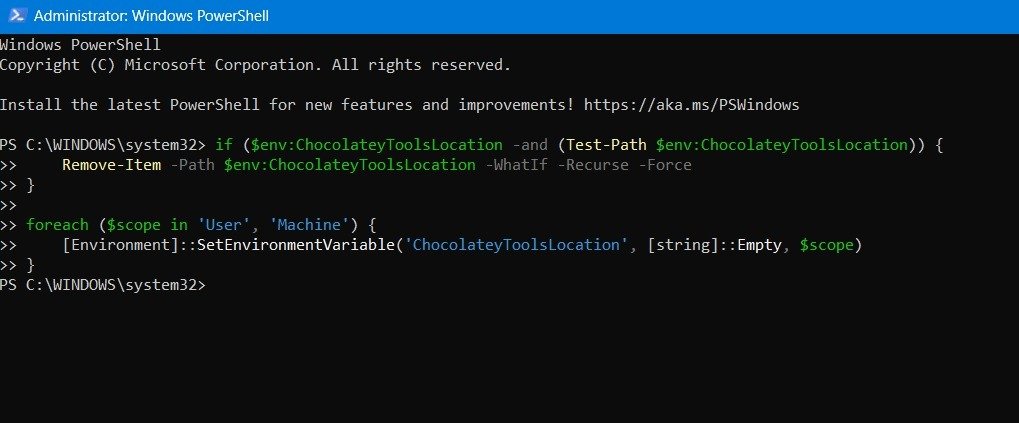 Удаление переменных среды Chocolatey в окне PowerShell.