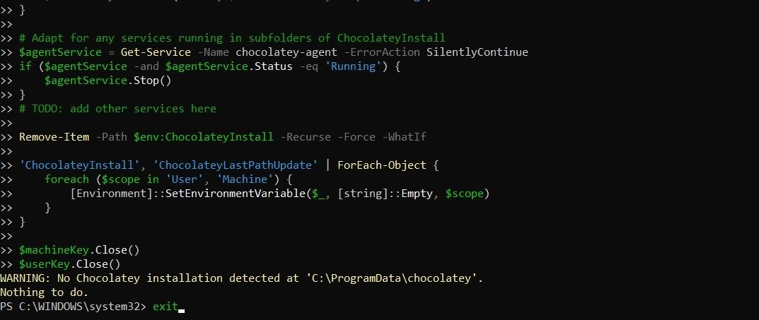 В окне PowerShell сообщение «Установка Chocolatey не обнаружена».