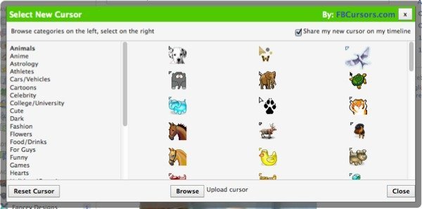 Выберите свой собственный курсор Facebook или загрузите свой собственный.