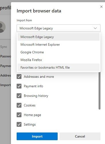 Импорт HTML-файла Chrome Bookmarks Edge