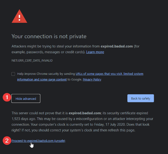 Ошибка конфиденциальности Chrome. Продолжить