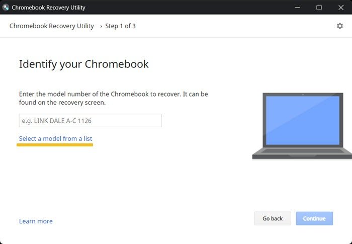 Утилита восстановления Chrome. Выберите модель.