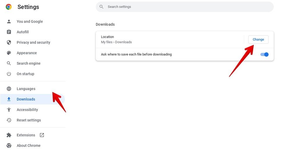 «Изменить» расположение папки «Загрузки» на Chromebook.