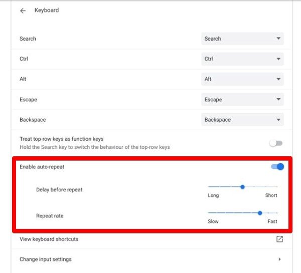 Значение автоматического повтора клавиатуры Chromebook