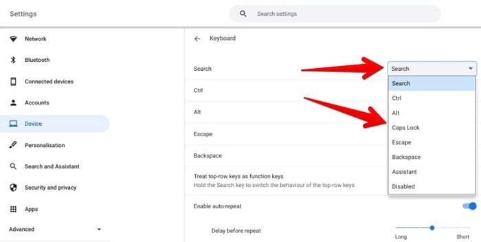 Изменение настройки Caps Lock на клавиатуре Chromebook