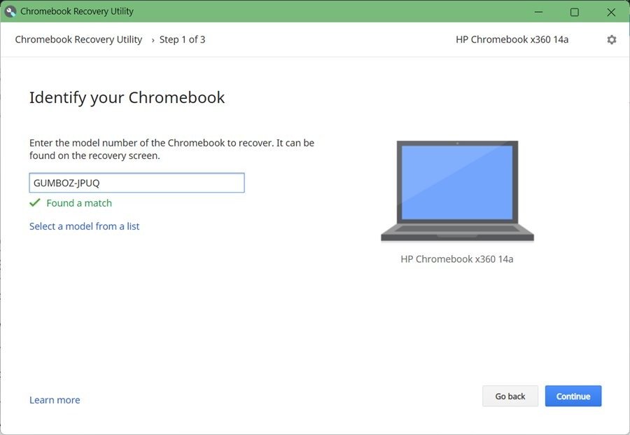 Инструмент восстановления Chromebook. Выберите название модели.