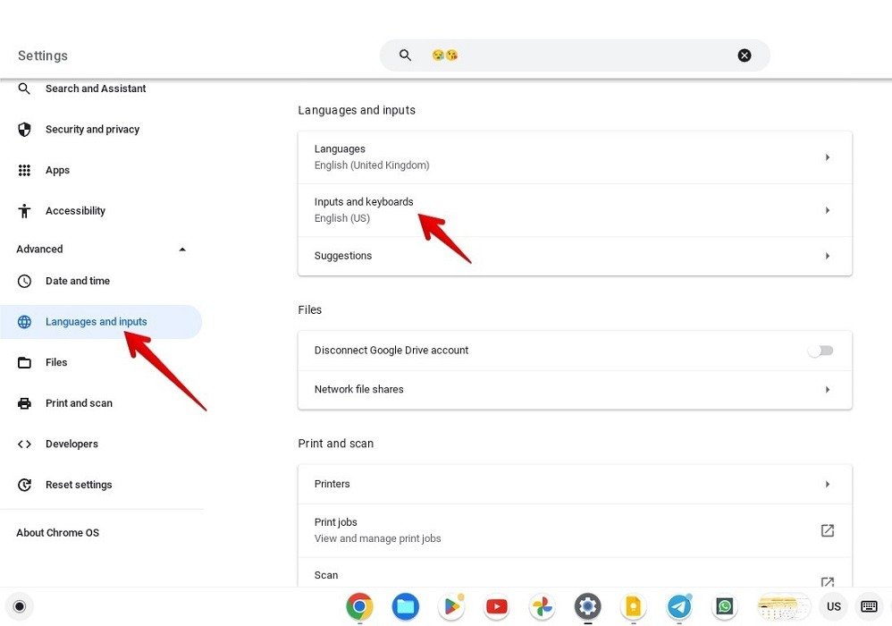 Параметр «Ввод и клавиатуры» в разделе «Язык и ввод» в настройках Chromebook.