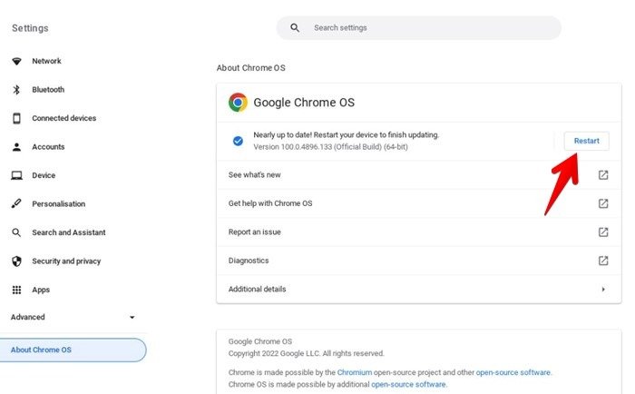 Перезапуск обновления Chromebook