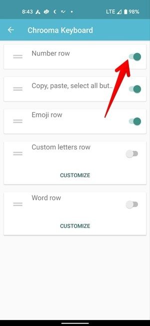 Включение опции «Цифровой ряд» в приложении Chrooma Keyboard.