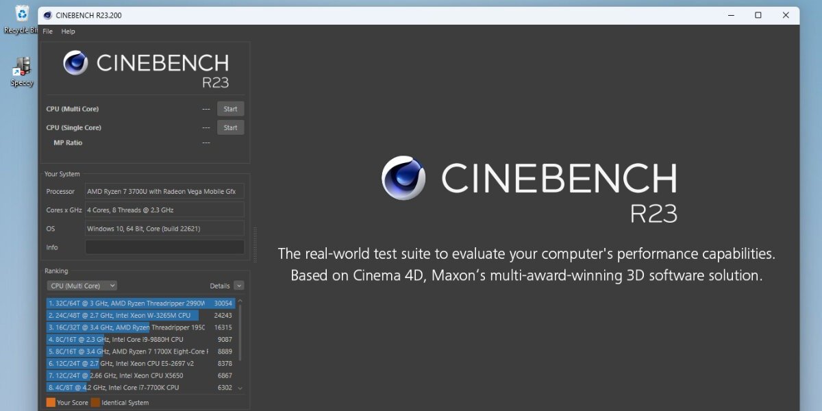 Обзор интерфейса CineBench в Windows.