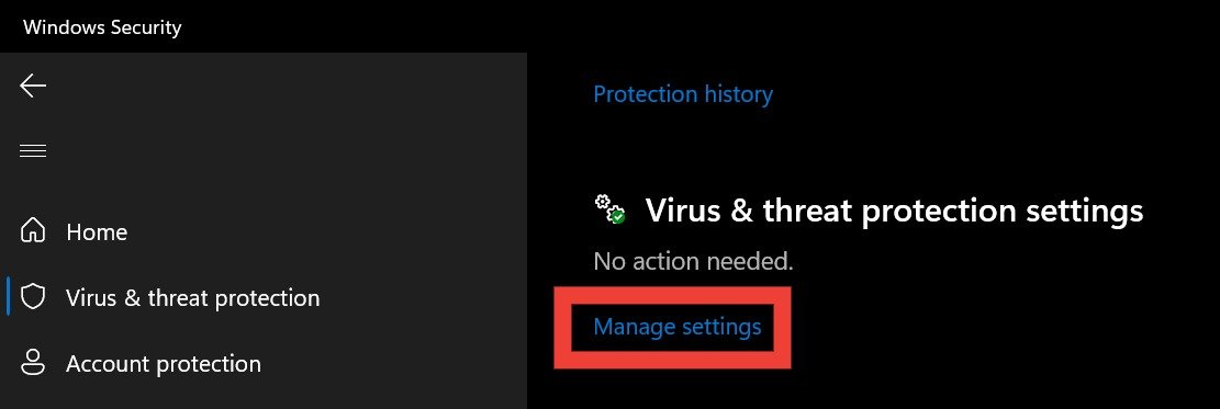 Нажмите «Управление настройками» в разделе «Параметры защиты от вирусов и угроз» в разделе «Безопасность Windows».