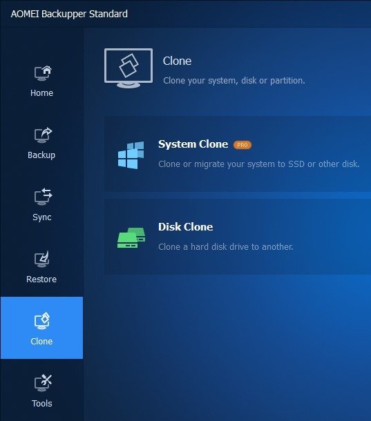 Клонирование инструментов Windows Aomei Backupper Clone