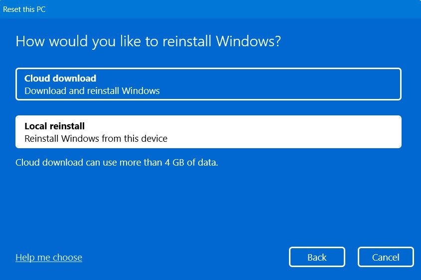 Выбор локальной переустановки при перезагрузке ПК с Windows.