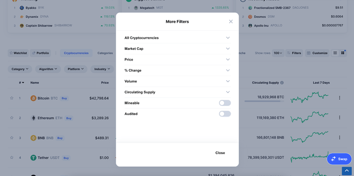 Фильтры Coinmarketcap