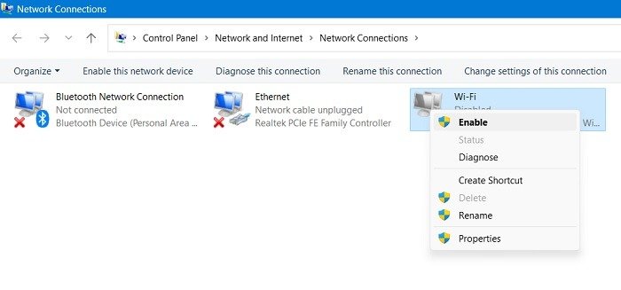 Решение распространенных проблем Windows Панель управления Настройки Wi-Fi Включить Щелкните правой кнопкой мыши