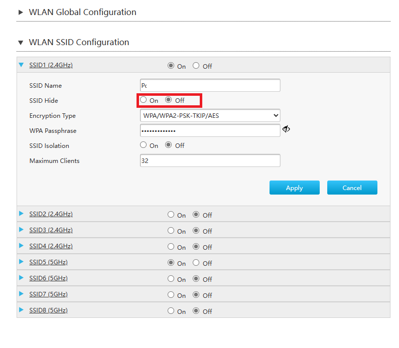 Конфигурация SSID WLAN SSID Скрыть