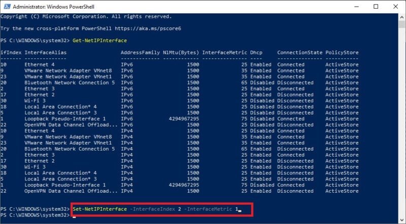 PowerShell установил приоритет сети